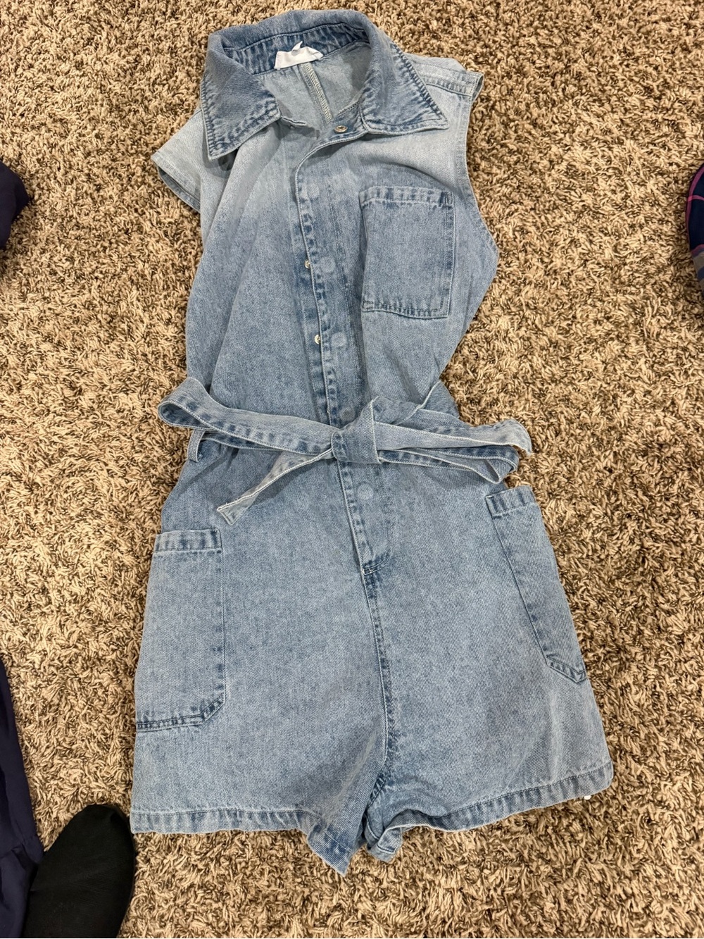 Light Blue Denim Sleeveless Kids One-Piece Romper with Belt